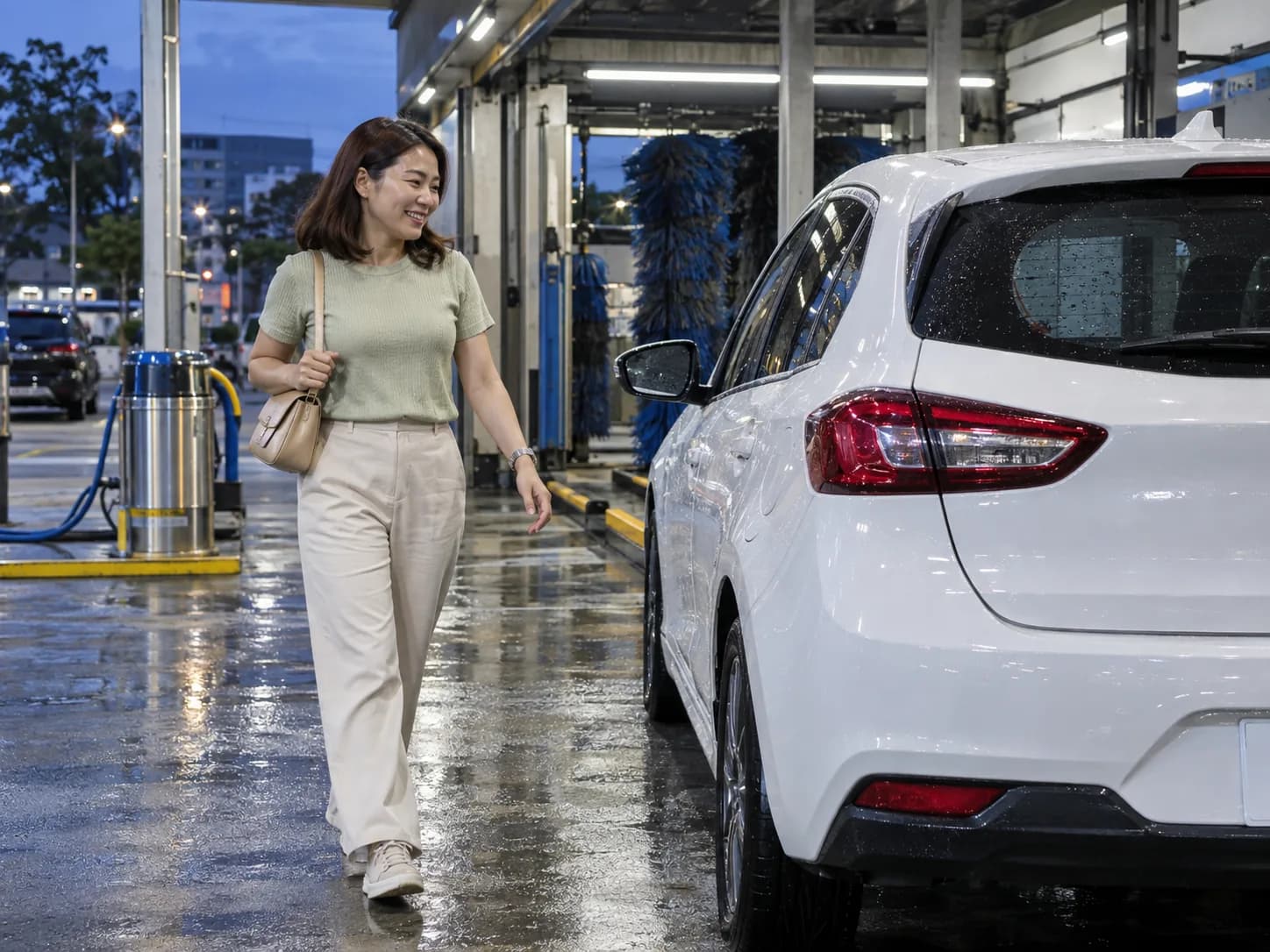 Chị Lan nhận xe tại trạm rửa vào buổi tối