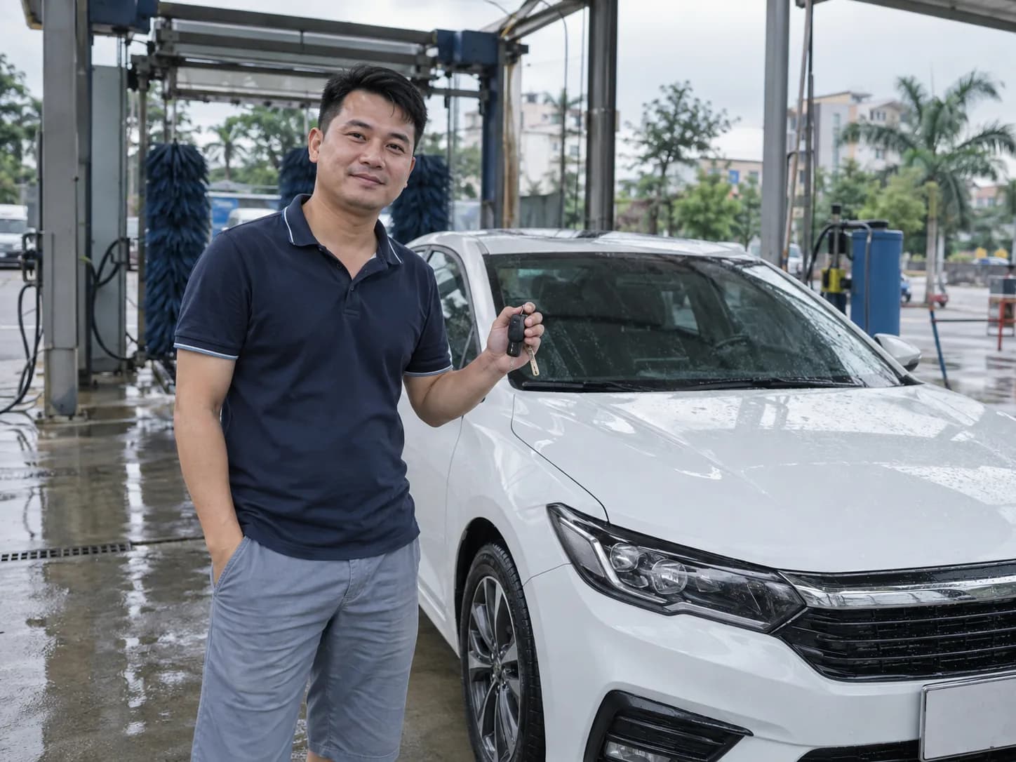 Anh Minh bên chiếc xe vừa được rửa sạch
