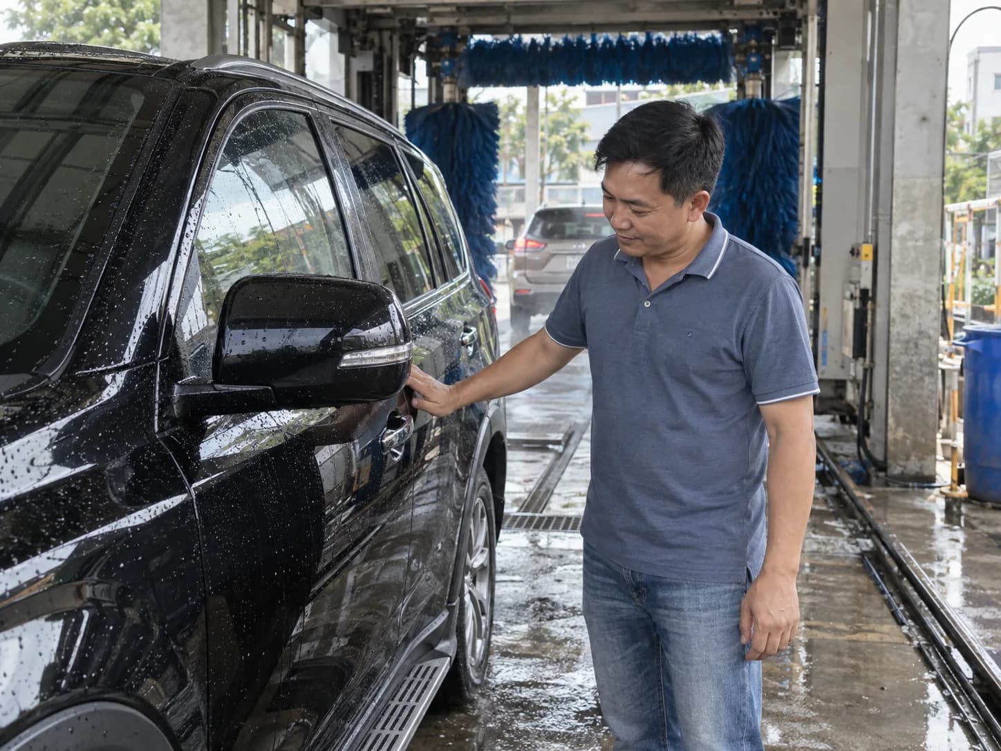 Anh Tuấn kiểm tra chiếc xe sau khi rửa